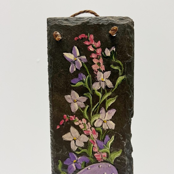 Vintage Handpainted Purple Mushrooms Floral on Slate Wall Hanging - Picture 5 of 7